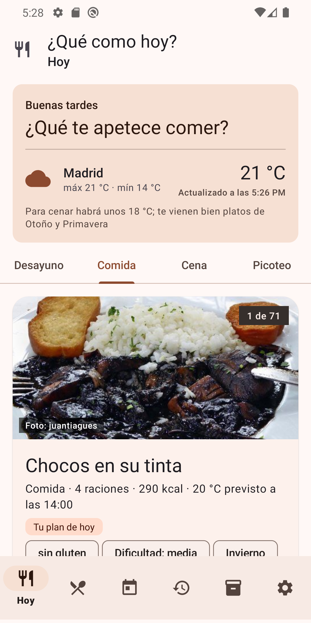 Pantalla de Hoy con la sugerencia del día